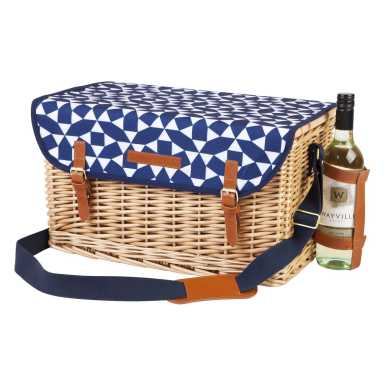 picnic basket with blue and white cover