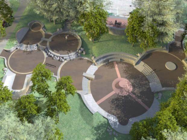 The image is an overhead view of a skatepark design, showing multiple rounded and circular skate areas interconnected, surrounded by trees and green space.