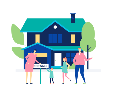 Illustration of a family standing outside a two-story house with a “For Sale” sign, trees around and a bright modern color scheme.