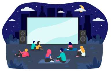 The image is an illustration showing people sitting on mats outdoors at night, watching a movie on a large screen with a city skyline and speakers in the background.