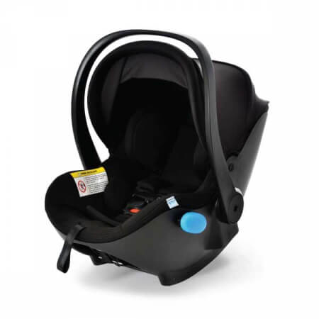 Infant car seat in black with carry handle, safety harness, canopy, and blue side button, designed for secure and portable travel.