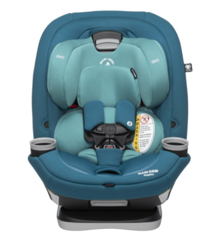 Teal convertible child car seat with padded cushioning, 5-point harness, headrest, and dual cup holders for comfort and safety.