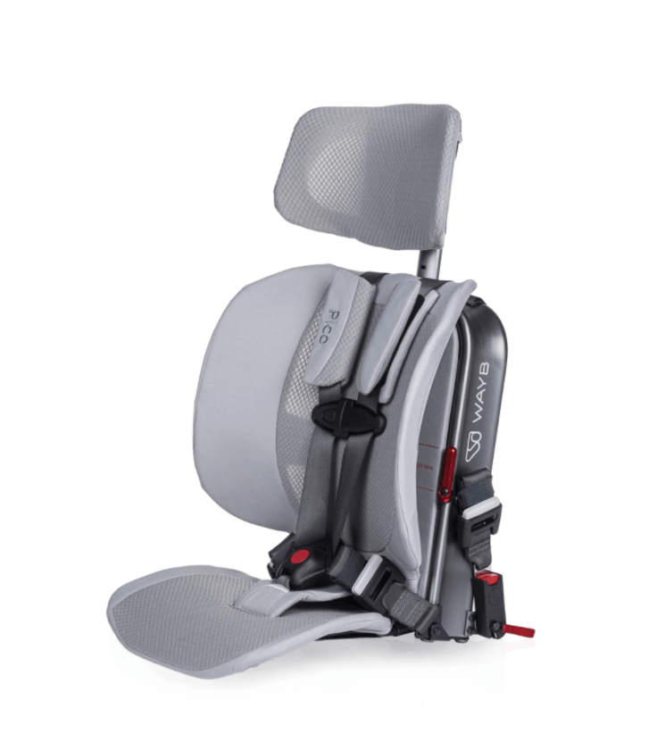 Light gray foldable travel car seat with slim frame, adjustable headrest, 5-point harness, and compact portable design for kids.