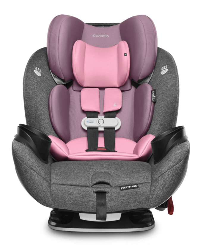 Pink and gray convertible child car seat with padded headrest, 5-point harness, dual cup holders, and cushioned side support.