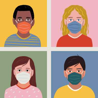 Diverse set of child portrait avatars wearing face masks — hand-drawn vector elements