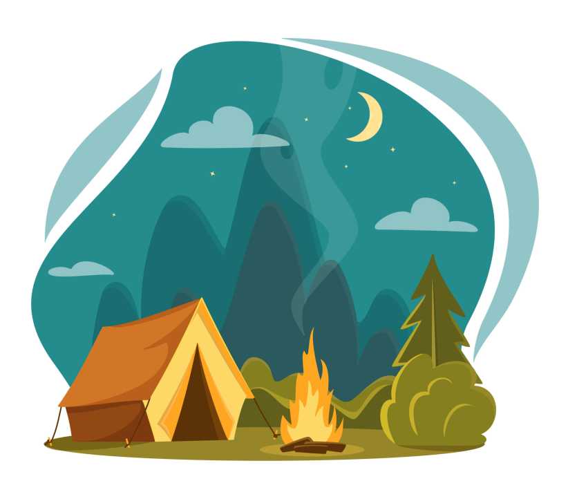 Cartoon-style tent and campfire in forest at night, with mountains, moon, stars, clouds, and trees.