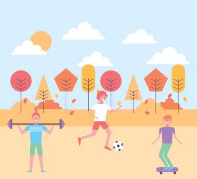 Kids playing outdoors in autumn—one lifting weights, one skateboarding, and one kicking a soccer ball.