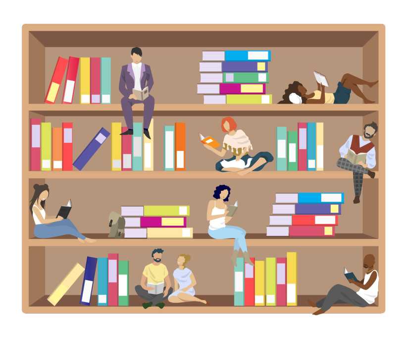 The image is an illustration of a bookshelf filled with colorful books and people sitting or reclining on the shelves, reading.