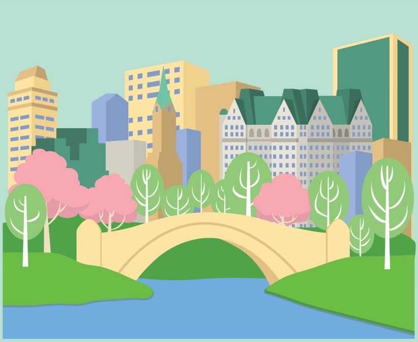 Vector illustration of spring in Central Park featuring trees, greenery, and city buildings under a bright sky.