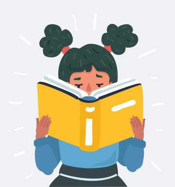 A cartoon girl with two pigtails is holding and reading a large yellow book with a white "i" on its cover.