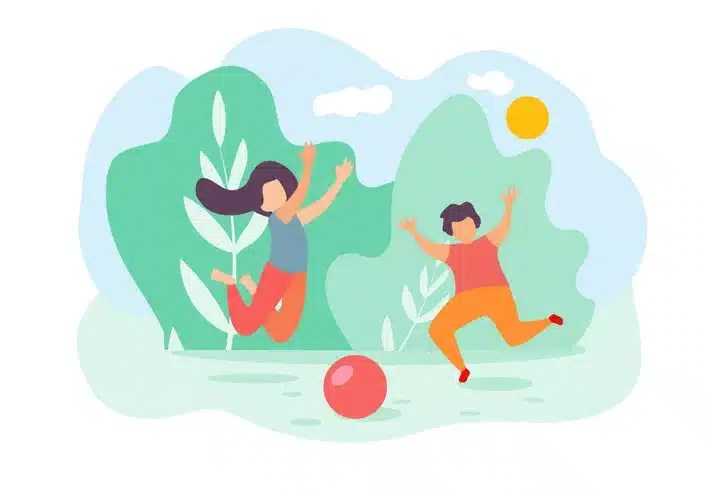 The image is an illustration of two children playing with a ball outdoors, jumping happily with trees and the sun in the background.