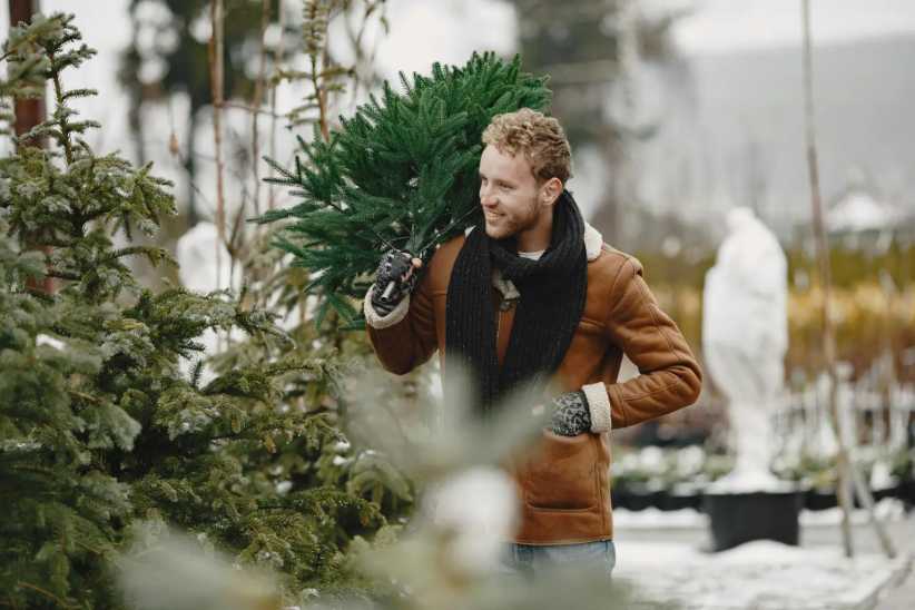 A smiling man in a brown coat and black scarf carrying a freshly cut Christmas tree over his shoulder, standing among other trees in a snowy outdoor lot.