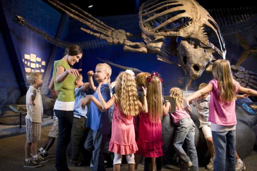 Children on a field trip at NYC natural history museum, learning about dinosaur fossils with teacher
