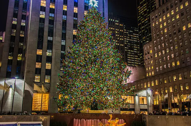 Rockefeller Center Christmas tree lit with multicolored lights, standing tall among skyscrapers at night in New York City.