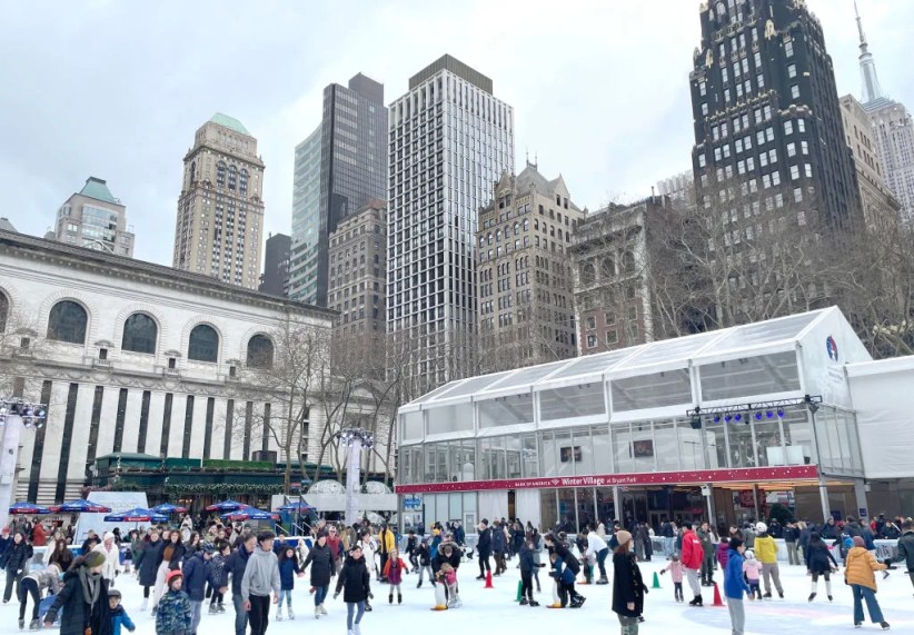"Winter fun at Bryant Park's ice skating rink and bumper cars."