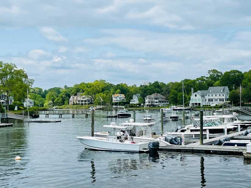 Several white motorboats are docked at a marina on tranquil water, with large houses and lush green trees lining the opposite shore.
