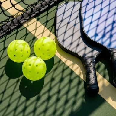 Three lime-green pickleballs rest near two pickleball paddles on a court. The paddles and balls cast shadows on the green surface.